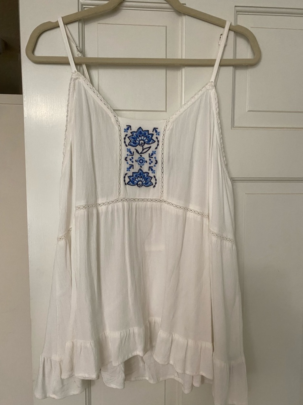 torrid White Spaghetti-Strap Tunic with Blue Embroidery
